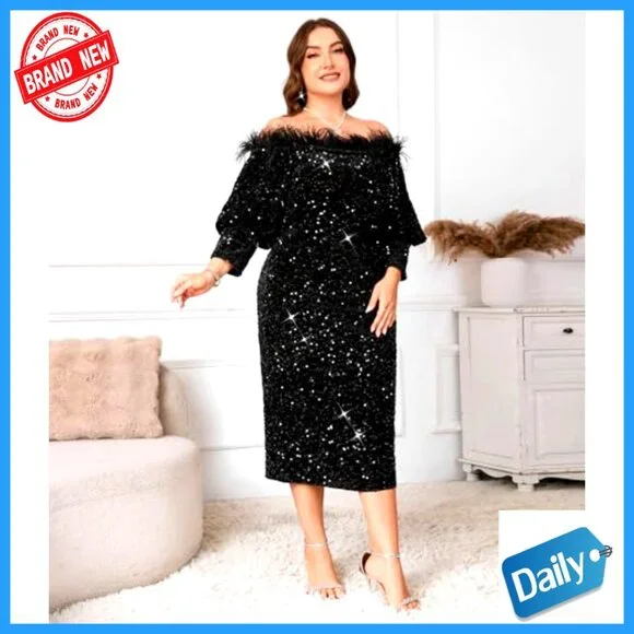Sequin Off Shoulder Bodycon Midi Dress Formal Party Cocktail Evening Wear